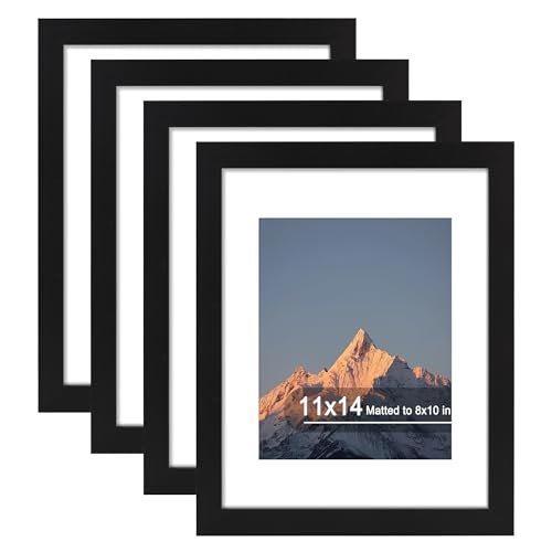 SZYUU 11x14 Picture Frame Set of 4, High Definition Real Glass, Display Pictures 8x10 with Mat or 11x14 Without Mat, Galle...