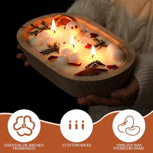 Conelist Rustic Christmas Wood Dough Bowl Candle Table Decor Cabin Bowl Soy Candle Included Dried Oranges, Cranberry, Pine...