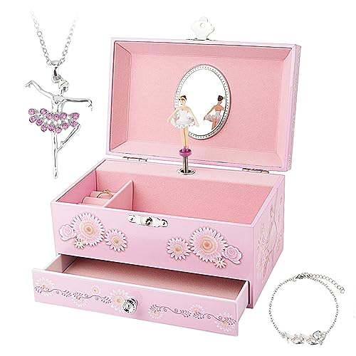 RR ROUND RICH DESIGN Kids Musical Jewelry Box for Girls with Drawer and Jewelry Set with Ballerina Theme - Swan Lake Tune ...