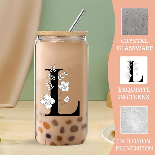 fcaylo Monogrammed Initial Glass Cup with Lids and Straws, Personalized Gift Set with Doll, 16 Oz Ice Coffee Cup for Wome...