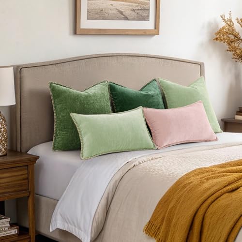 decorUhome Chenille Soft Cozy Throw Pillow Covers 18x18 Set of 2, Modern Farmhouse Boho Velvet Decorative Pillow Cases wit...