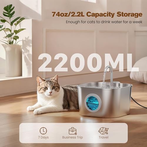 Cat Water Fountain Stainless Steel: Pet Fountains for Cats/Dog Indoor Automatic Waterer Bowls for Drinking Small Animal Wa...