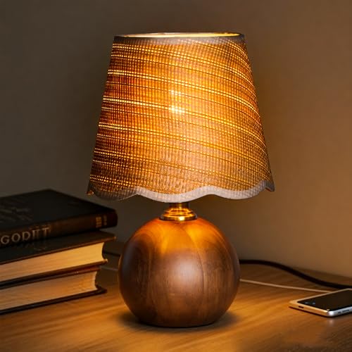 URLIGHTS 11.4" Modern Wooden Bedside Table Lamp, Small Nightstand Desk Lamp with Fabric Shade, Warm Ambient Light, Dimmabl...