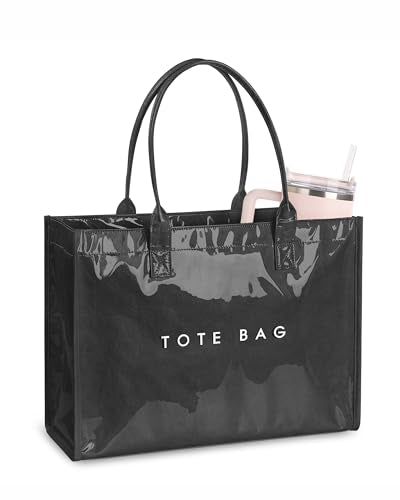 Large PVC Tote Bag for Women, Kraft Paper Handbag Beach Tote with Letter Print, Top Handle Purse for Work Travel Shopping