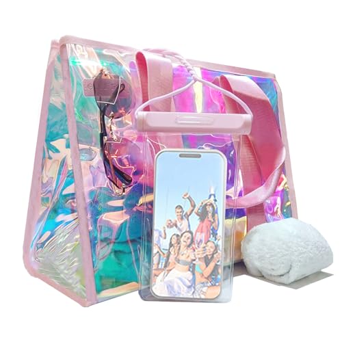 GolfFox 26L Extra Large Iridescent Beach Bag Set - Pink Tote Bag with Zipper & Waterproof Touchscreen Phone Pouch，Perfect ...
