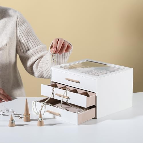 Frebeauty Clear Lid Jewelry Box,3-Layer Jewelry Organizer with Drawer,PU Leather Jewelry Organizers and Storage,Jewelry Bo...