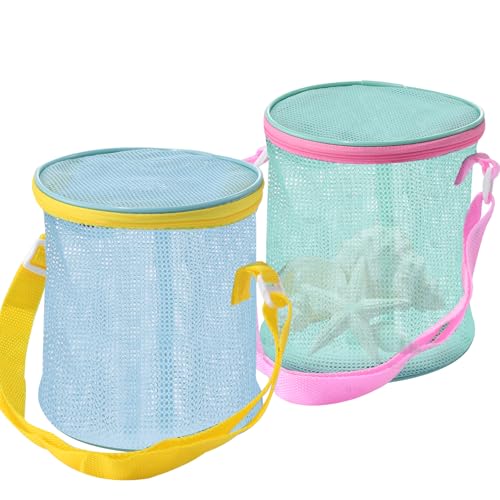 Sea Shell Bags for Beach 2pcs Mesh Seashell Holder,Shelling Collecting Tools Travel Sand Toys Storage Bucket for Sandbox,B...