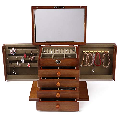 Changsuo Wooden Jewelry Box for Women, Organizer Box of Solid Wood with Lock and Key for Jewelries, Watches, Necklace, Rin...