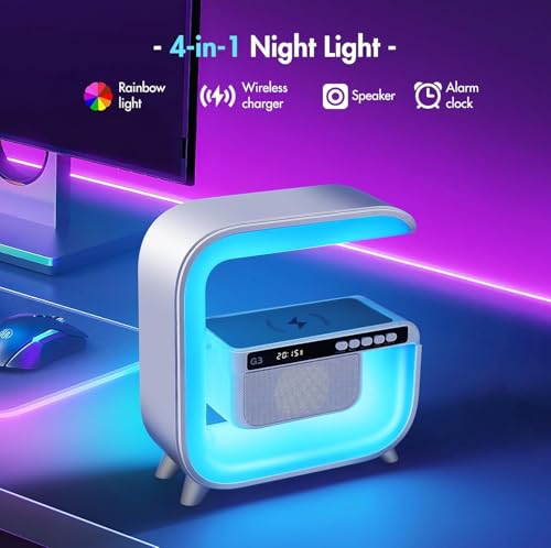 Table Lamp with Hi-Fi Bluetooth Speaker, Bedside LED Lamp with Up to 15W Qi Wireless Charger, Color Changing Mood Lamp wit...