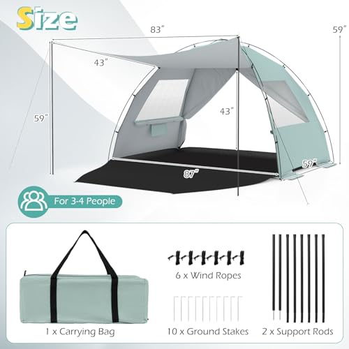 Tangkula 3/4/5/6 Person Pop Up Beach Tent with Canopy, UPF50+ Silver-Coated Lightweight Beach Sun Shelter with Extended Fl...