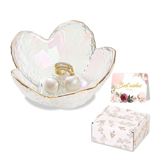 White Flower Jewelry Dish Glass Ring Dish Jewelry Tray Cute Vanity Organizer Room Decor Aesthetic Nightstand Bathroom Deco...