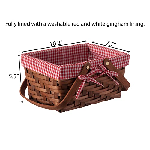 Wickerwise Small Rectangular Woodchip Picnic Baskets with Double Folding Handles, Natural Hand-Woven Basket Lined with Gin...