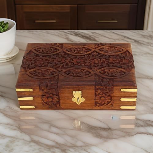 Ajuny Handcarved Treasure Chest Wooden Decorative Jewelry Storage Box Eye Floral Design Multipupose Small Memory Keepsake ...