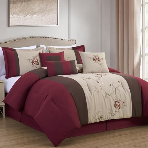 Chezmoi Collection Vienna 7-Piece Embroidered Floral Comforter Set (King, Burgundy Taupe Brown)