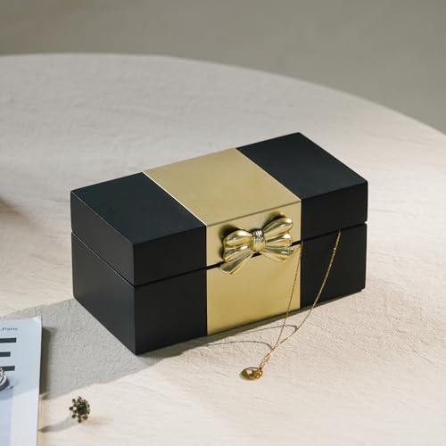 Synovana Wooden Keepsake Box - Black & Gold Boxes with Bow Accent, Decorative Storage Gift Box for Jewelry Love Letters Ph...