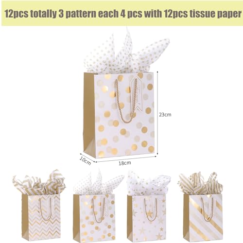 Dimetey 12pcs 9" Gift Bags, Medium Size Paper Bags with Tissue Paper, White Gold Wrap Paper Gift Bags with Handles for Sho...