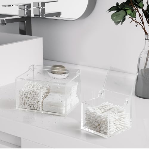 Dealpoli Clear Acrylic Cotton Swab Ball Holder Qtip Organizer with Lid 2-Grid Canister for Make Up Pads, Floss Picks, Vani...