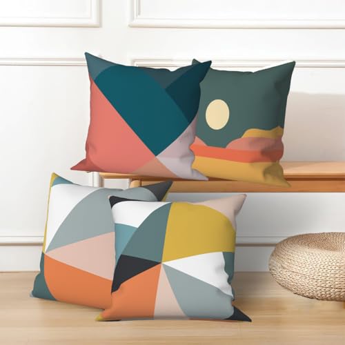 Vie Savaran Geometric Throw Pillow Covers Colorful Geometry Strip Patchwork Sun Abstract Mid Century Modern 18x18 Set of 4...