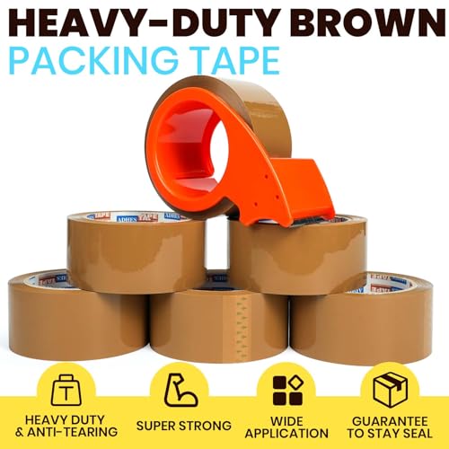 ADHES Brown Packing Tape with Dispenser, 1.88 Inch x 55 Yards, 6 Rolls Heavy Duty Shipping Tape for Moving Boxes, Packagin...