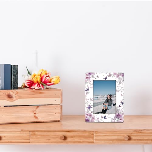 EDQAWN Floral Picture Frame, Purple Blossoms and Butterfly Design Picture Frames, Decorative Photo Frame for Tabletop Disp...