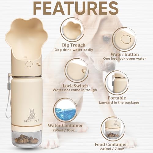 Dog Portable Water Bottle Stainless Steel 10 oz with Food Container - Pet Water Bottle - Cream Portable Dog Water Dispense...