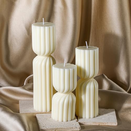 Conelist Ribbed Pillar Candles Set of 3 Width 2.4" High 5.5" 7" 9" Handmade Scented Soy Wax Candle Natural Aesthetic Candl...