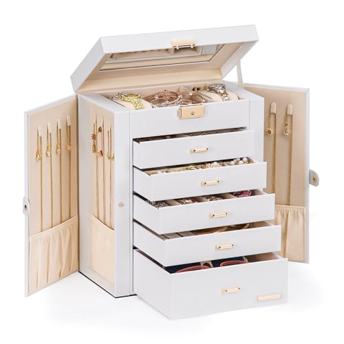 Homde Jewelry Box Large for Women: 6 Layers 5 Drawers Organizer with Mirror for Ring Earring Necklace - Storage Holder wit...