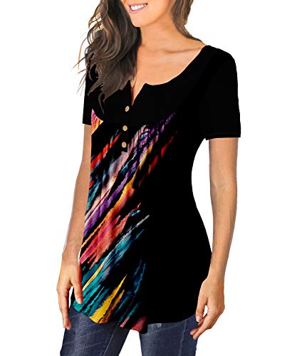 MAYAMANG Women's Floral Tunic Tops Casual Blouse V Neck Short Sleeve Buttons Up T-Shirts
