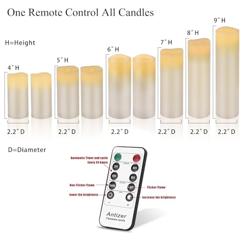 antizer Flameless Candles Led Candles Pack of 9 (H 4" 5" 6" 7" 8" 9" x D 2.2") Real Wax Battery Candles with Remote Timer ...