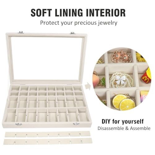 Vicoter Velvet Jewelry Tray 48 Compartments Jewelry Display Organizer with Transparent Cover Rings, Earrings, Necklaces, P...