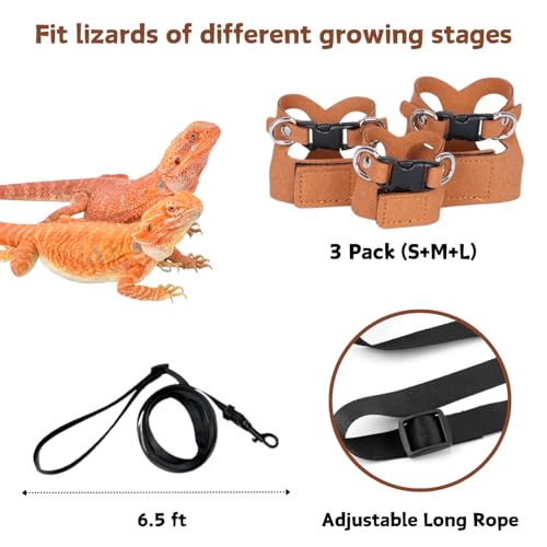 3 Pack Bearded Dragon Harness and Leash Set - Adjustable Soft Leather Lizard Harness Leash Small Animal Traction Rope Trai...