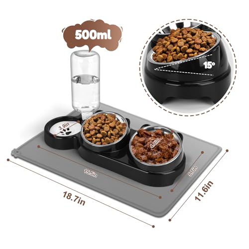 YECERCAN Cat Food and Water Bowl Set, Stainless Steel Raised Cat Bowls with Automatic Water Bottle & Waterproof Mat for Ca...