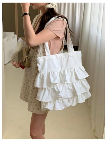 SHENHE Women's Ruffle Canvas Tote Bag Layered Tiered Shopping Vacation Travel Tote Shoulder Bag