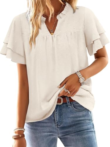 Womens Summer Tops Trendy Blouses Dressy Casual Flowy Swiss Dot Ruffle Short Sleeve Shirts