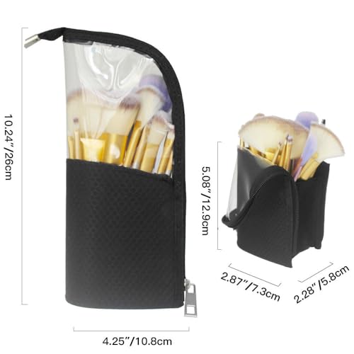 ANEMEL Black Travel Makeup Brush Holder, Organizer Bag Cosmetic Zipper Pouch Portable Dust-Free Stand-Up Toiletry Stationery