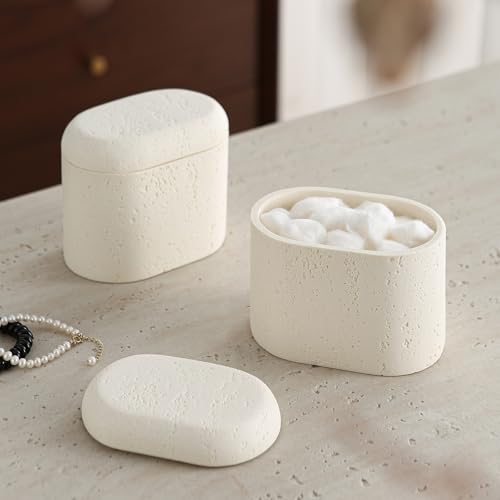 Haocoott Bathroom Qtip Holder Container, 2-Pack, Travertine Stone Look Storage Jars for Cotton Swabs, Jewelry, Floss Pick...