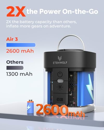 ETENWOLF AIR 3 Air Pump for Inflatables with 2600 mAh Battery & Camping Light, Ultra-Fast and Mini Electric Air Pump, Infl...