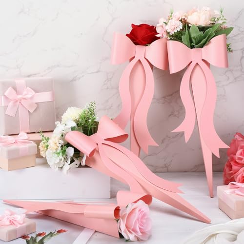 Lerheedi 24 Pcs Flower Bouquet Holder Mother's Day Single Rose Bow Theme Bags DIY Flower Wrapping Paper for Wedding Valent...