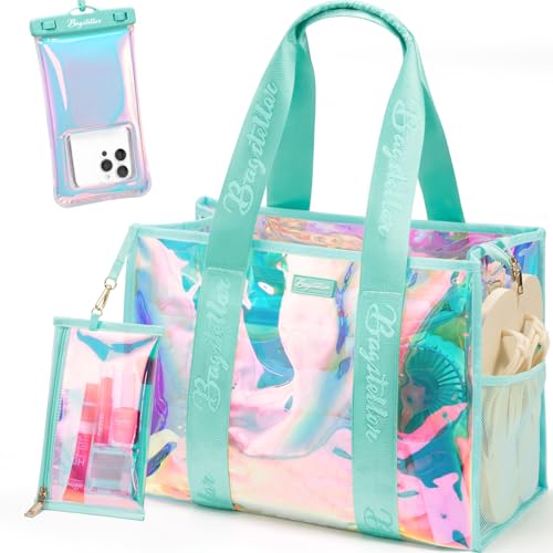 Bagstellar Iridescent Beach Tote Bags for Women, Large Zipper Beach Pool Swim Bag with Makeup Bag & Waterproof Phone Pouch...