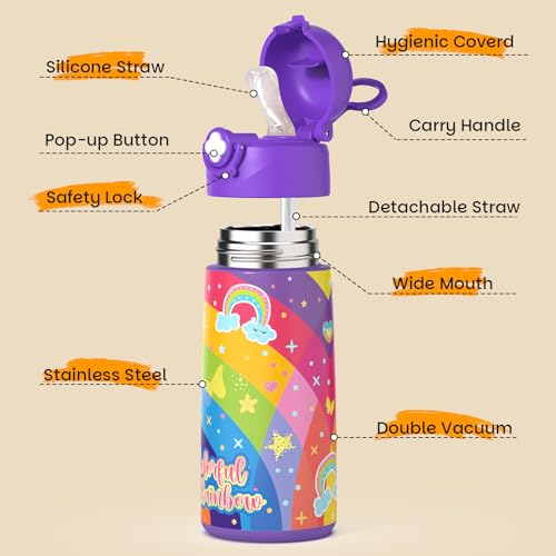 Ntswasd Girls Insulated Water Bottle with Covered Pop-Up Straw,16 oz Kids Cups with Stainless Steel Leak Proof for School ...