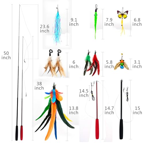 miwoowim Cat Toys Interactive for Indoor Cats, 2PCS Ultra-Long Teaser(50"+38")+9PCS Da Bird Feather Refills, Fishing Pole ...
