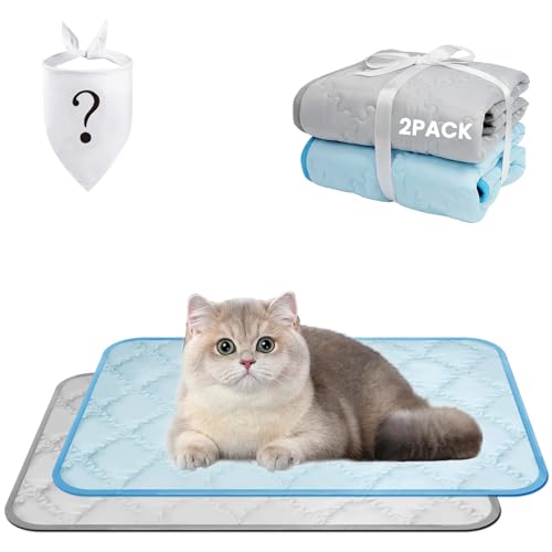 SUPRIY 2-Pack (Blue + Gray) Pet Cooling Mat Set - Ice Silk Cooling Pad & Fashion Bandana for Dogs & Cats (Small16.5 x21.6)
