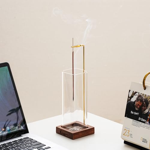 Ceremony Incense Holder, Wooden Incense Holder for Sticks with Glass Ash Catcher, Anti-ash Incense Burner with 20 Incense ...