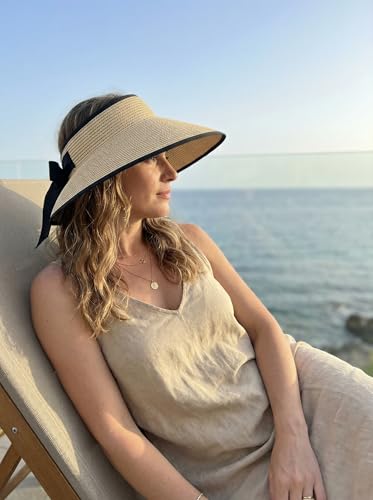 AlturaGo Sun Visor Hat for Women Wide Brim Ponytail Straw Hat UV UPF Summer Beach Vacation Packable Foldable Travel