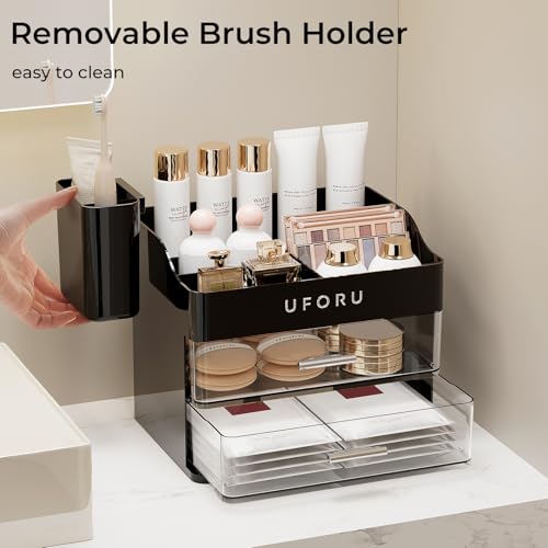 UFORU Makeup Organizer for Vanity with Brush Holder, Countertop Skincare Organizer with 2 Drawers, Spacious Cosmetic Displ...