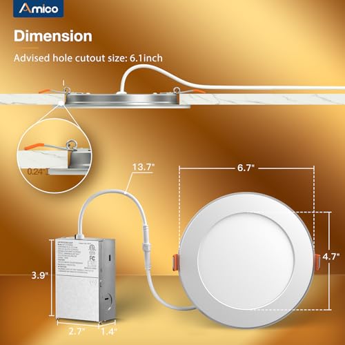 Amico 12 Pack 6 Inch 5CCT LED Recessed Ceiling Light with Night Light, 2700K/3000K/3500K/4000K/5000K Selectable Ultra-Thin...
