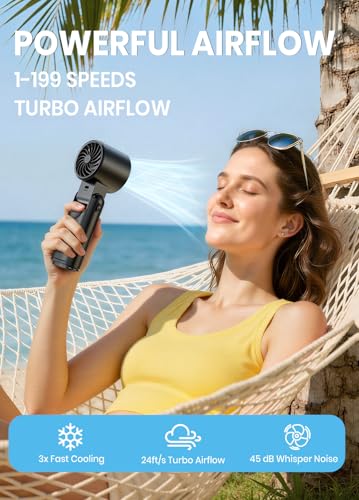 Deyhoc Portable Handheld Turbo Fan, 1-199 Speed Stepless Adjustable with LED Display, 3 IN 1 Pocket Design Mini Fans for I...
