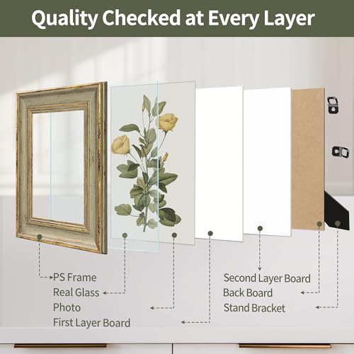 Sapowerntus Vintage 5x7 Picture Frame Gold Line Sage Green Distressed Photo Frames Set Antique Real Glass Wall Hanging Tab...