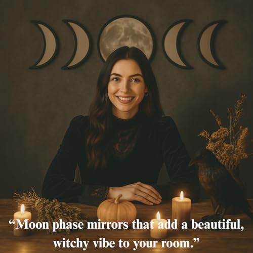 Black Magic Witch Moon Mirror – Announcing Love Gothic and Boho Home Wall Decor - Glass Moon Phase Mirror Set with Crystal...