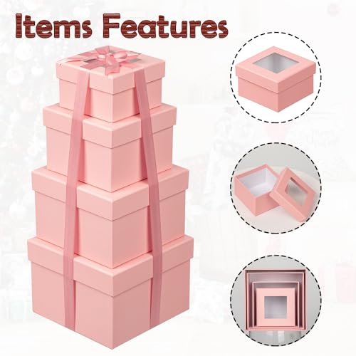 Oairse Square Gift Boxes with Lids for Presents Small Pink Gift Boxes with Clear Window Nesting Gift Boxes Set of 4 Flower...